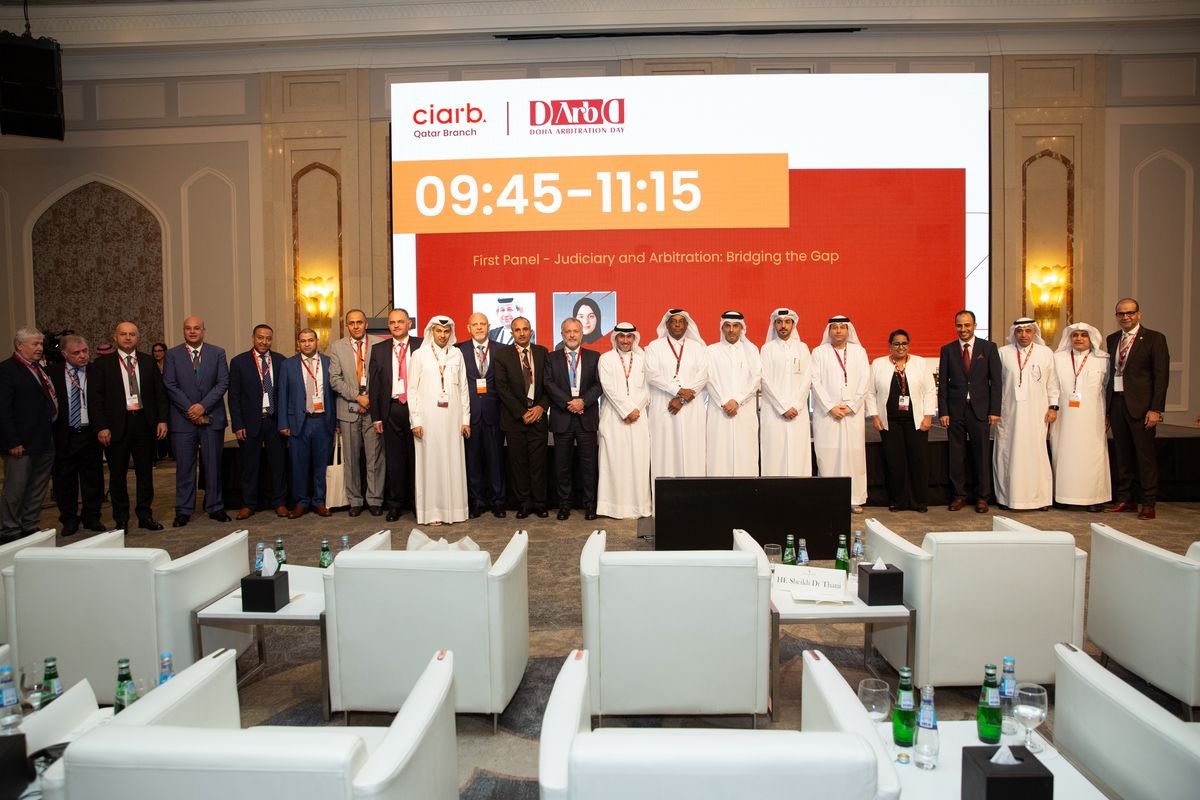 Participants gathered on stage at the 1st Doha Arbitration Day